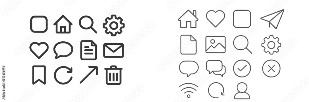 Poster Collection of simple black line icons representing various digital interface elements on a clean white background