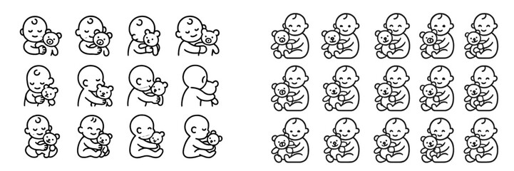 Illustration of children cuddling teddy bears in various poses during a playful and nurturing moment