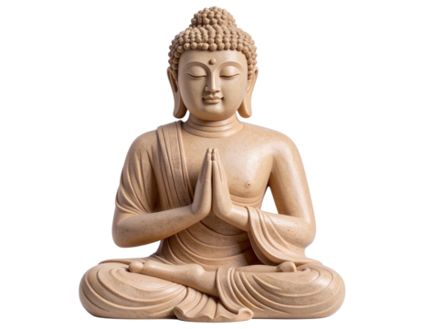 Small Sandstone Buddha Statue with Hands in Prayer, Front View, Transparent Background