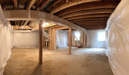 Unfinished basement interior.  Exposed wooden support beams and interior framing visible.  Plastic sheeting covers walls