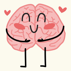 Brain hugging itself cartoon for mental health awareness