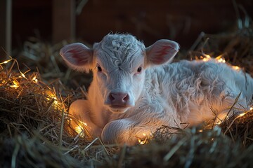 Obraz premium Calf resting on hay with warm fairy lights in a cozy barn setting during evening hours