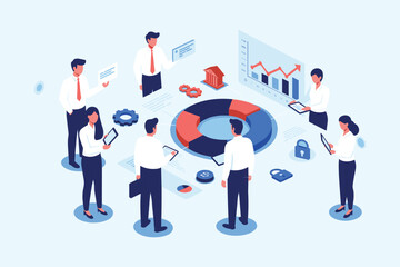 Collaborative Business Strategy and Financial Planning: Professional Team Analyzing Data, Charts, and Security Measures for Growth and Success. flat vector illustration
