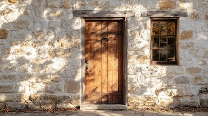 Rustic stone wall with wooden door and window