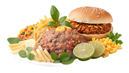 A plate with a sloppy joe, french fries, corn, a lemon slice and lime slices on a black background