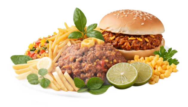 A plate with a sloppy joe, french fries, corn, a lemon slice and lime slices on a black background