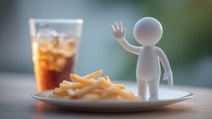 A stick figure waves away fries or soda, choosing healthier options and demonstrating mindful eating habits for better wellness.
