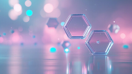 Abstract Glass Hexagon Shapes with Neon Lights Reflection