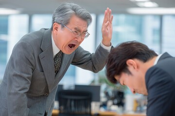 パワーハラスメント。上司に叱責される部下のストレスフルなオフィスシーン