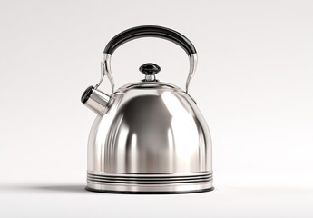 Modern, polished, stainless steel kettle.  Features a smooth, rounded body with decorative bands, a long spout, and a comfortable handle.  Presented against a clean white background