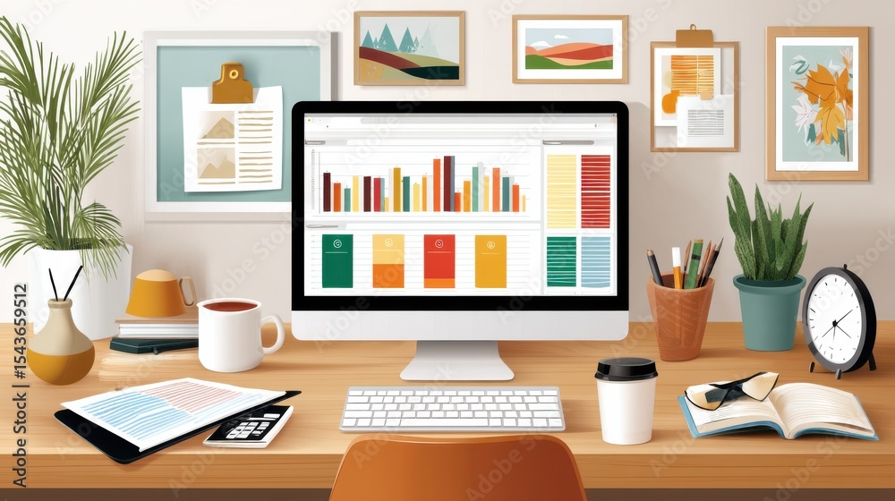 Poster cozy and organized workspace with a computer and productivity tools displayed