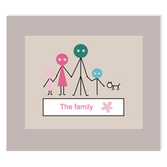 Vector illustration of happy family dad, mom, children and dog doodle design. Framed family photo style.
