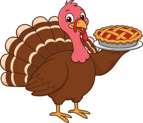 Cartoon Thanksgiving turkey with pie, cute holiday bird, festive food mascot, funny turkey character, autumn feast symbol, happy celebration animal, vector illustration, traditional meal