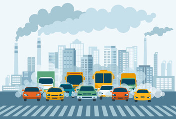 The issue of air pollution caused by industrial emissions and motor vehicles. Cars driving on a highway with carbon dioxide clouds in the background of industrial facilities