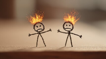 The stick figures’ raised arms and intense expressions symbolize a heated debate, showing clash and emotional confrontation.
