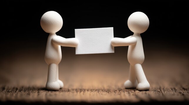 This stick figure passes a note to another, highlighting personal and subtle exchange of written messages in trust.
