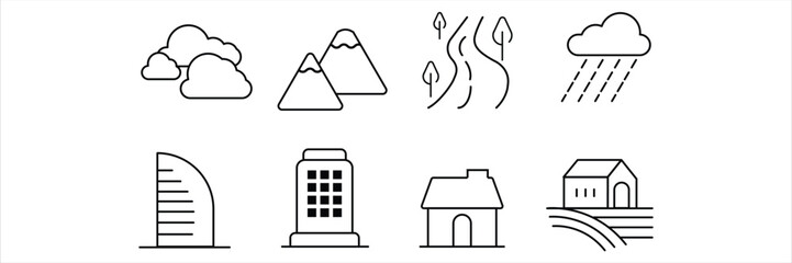 Clouds mountains rain forest and houses simple minimal linear icon vector illustration for commercial use design and creative projects.