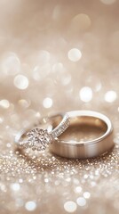 Diamond Engagement Ring and Wedding Band on Sparkling Gold Glitter Background, Closeup Shot