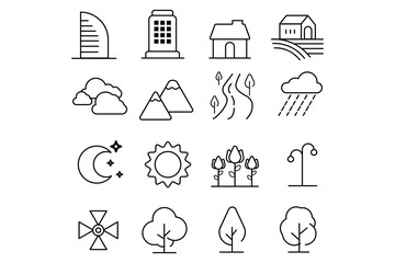 Fototapeta premium Modern landscape house city cloud nature tree rain sun farm flower minimal outline icon vector illustration for stock.