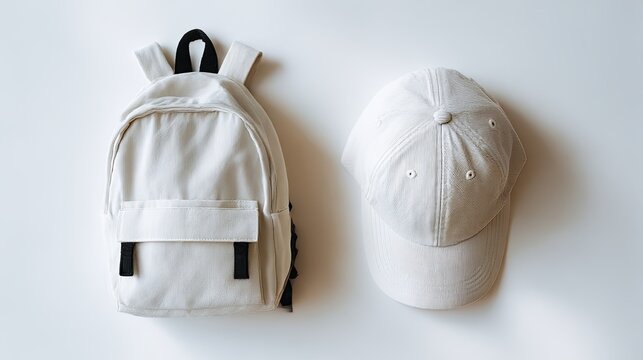 White canvas backpack and baseball cap placed side by side on a clean light background, minimalistic school style. Healthy lifestyle concept