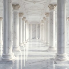 Obraz premium Bright Marble Hallway Repeating Columns with Ornate Capitals and Gleaming Floor Tiles Perspective View