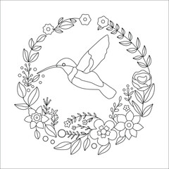Hummingbird Embroidery Floral Pattern and Coloring Page