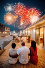 Naklejka premium Family watching fireworks from a wooden deck at night together