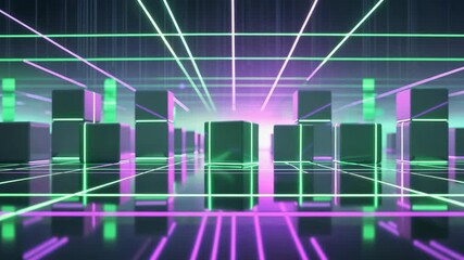 Pulsing neon grid revealing dark cubes while camera retreating intensifying purple horizon glow - Powered by Adobe