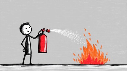 A stick figure uses a fire extinguisher to put out a small blaze, demonstrating quick action and fire safety in emergencies.
