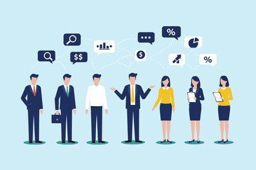 Business professionals exchanging ideas, financial data, and market insights, fostering strategic communication and collaborative problem-solving for successful outcomes . flat vector illustration