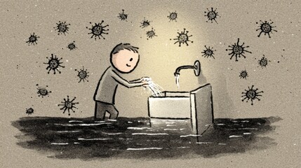A stick figure cleans hands with water, promoting the vital practice of handwashing for germ control and health.
