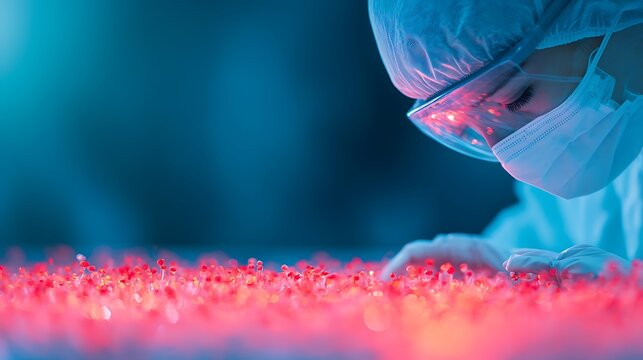 Scientist examining red plant samples under laboratory lighting