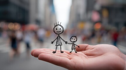 This stick figure child grips an adult’s hand, emphasizing the importance of supervision and safety in public areas.