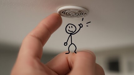 The stick figure inspects a ceiling smoke alarm, symbolizing responsible steps to ensure early fire detection in the home.
