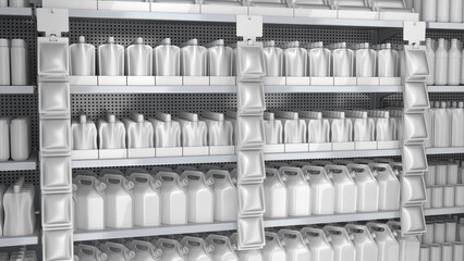 Close-up of supermarket shelves with soft liquid packaging pouches with handle design and stand-up pouches in display boxes and hanging strip with pillow pouches. 3d illustration
