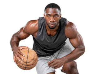 Basketball Player Ready to Dribble: A powerful basketball player, with a muscular build, kneels intensely, ball in hand, ready to dribble.