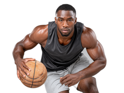 Basketball Player Ready to Dribble: A powerful basketball player, with a muscular build, kneels intensely, ball in hand, ready to dribble.