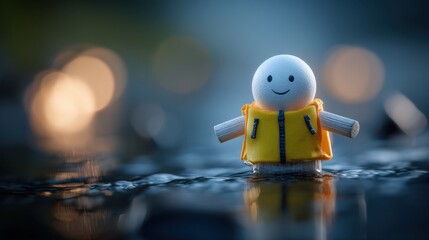 This small stick figure wearing a vest in water emphasizes awareness and responsibility for staying safe while swimming or boating.