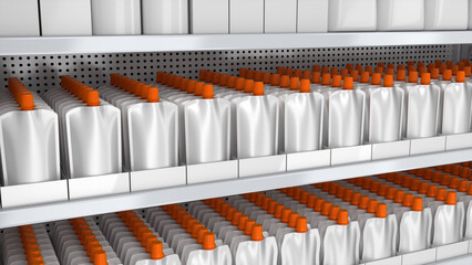 Close-up of supermarket shelves mockup with doypack stand-up pouches with orange caps in display boxes. 3d illustration