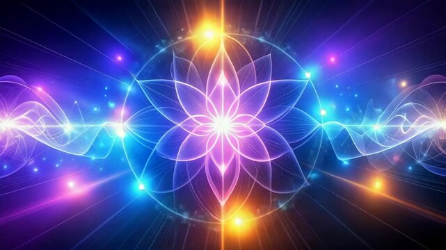 Colorful abstract background featuring a glowing lotus flower surrounded by energy waves.