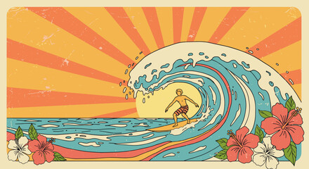 Psychedelic  Surfer riding a wave during sunset with flowers in background  event promotions, and surf culture celebrations
