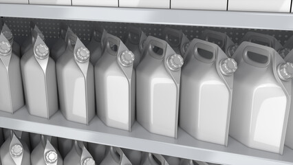 Close-up of supermarket shelves with white soft liquid packaging pouches with handle design and screw cap. 3d illustration
