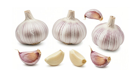 Fototapeta premium Fresh Garlic Bulbs and Cloves Isolated on White, Generative AI