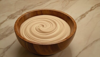 shallow wood bowl isolated with cream sauce on white background, brightly lit, no garnish, 3/4 angle