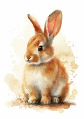 Fototapeta premium a cute ginger bunny with large ears, painted in watercolor style, sitting against a soft, blurred background