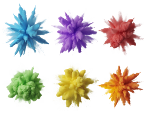 Six colorful paint explosions isolated on transparent background
