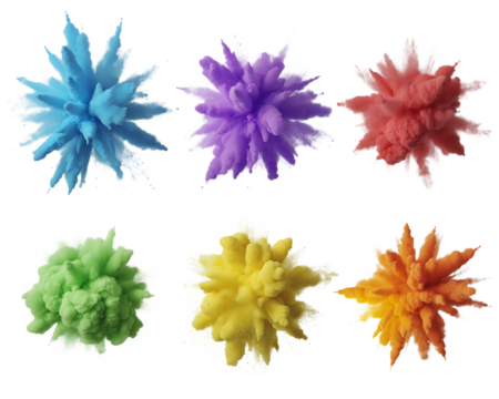 Six colorful paint explosions isolated on transparent background