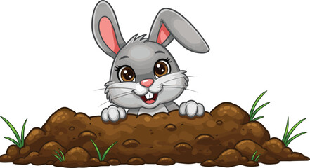 Cute cartoon rabbit peeking from burrow, gray bunny in dirt hole, adorable animal character, springtime nature illustration, happy expression, funny wildlife art, vector design