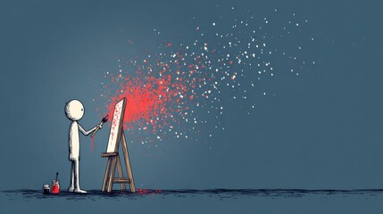 Immersed in painting, a stick figure uses brush and canvas to soothe the mind, unlocking creativity as a path to stress relief.
