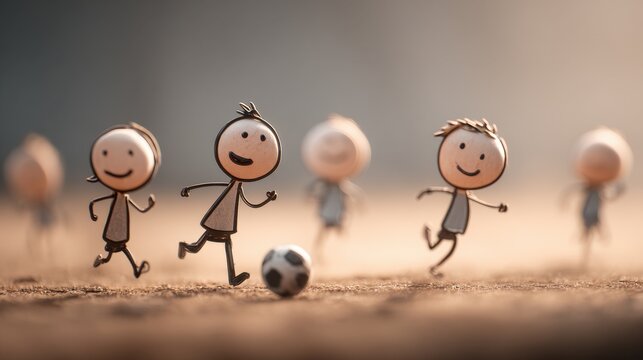 On the field, stick figures collaborate and compete, blending physical fitness with fun teamwork in a lively game of ball kicking.
